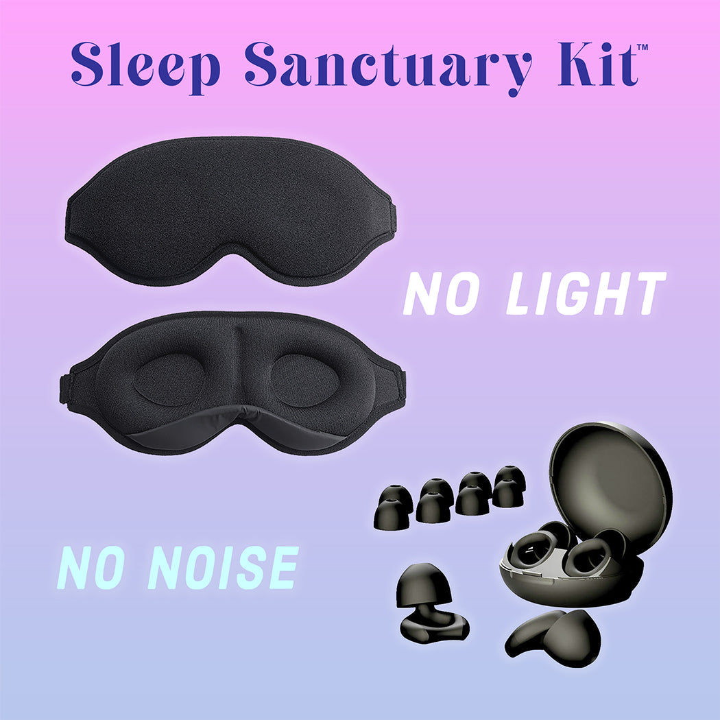 Sleep Sanctuary Kit™ combines Sleeping Mask™ 99.9% Blackout + Sleep Peace™ Earplugs, Combats Light and Noise